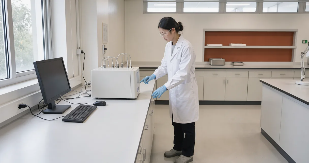 A laboratory technician working at an analytical instrument in a bright testing room