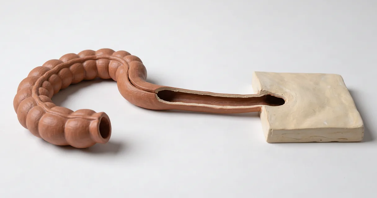 A physical teaching model showing a passage from bowel to skin
