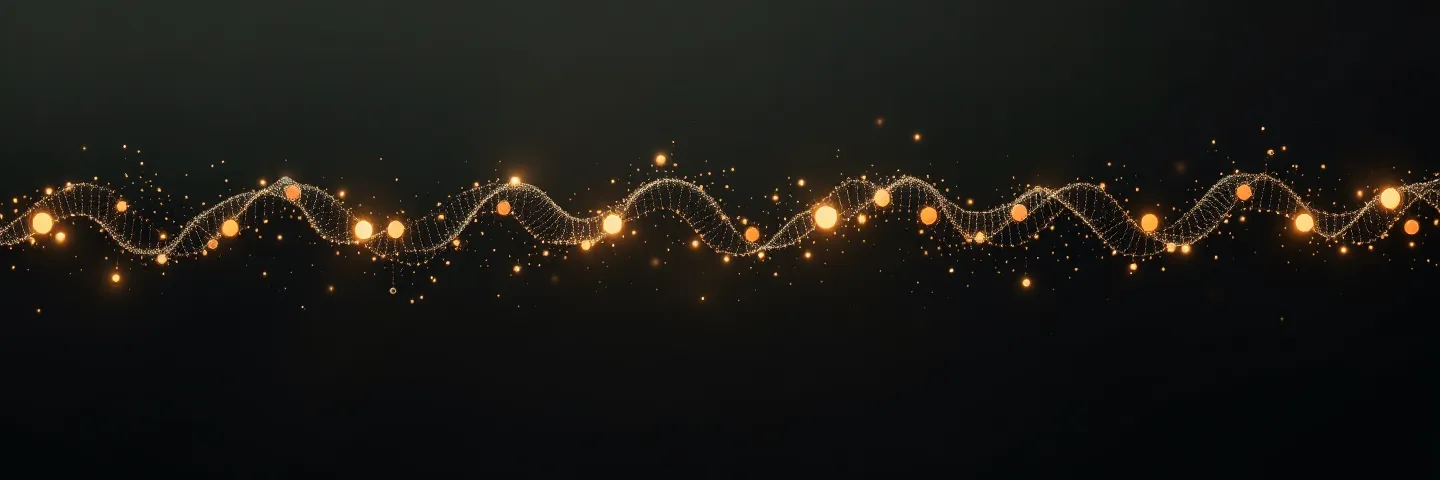 Abstract row of fifteen softly glowing nodes on near-black suggesting a pentadecapeptide chain