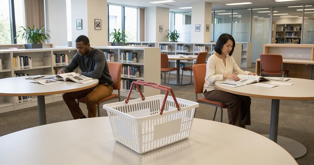 An empty white shopping basket with brick-red handles on a library table, with adult readers beyond it