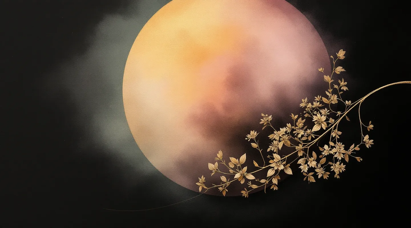 Abstract desaturated botanical stem dissolving into a soft bruised-mauve gradient wash on near-black, with a single gold hairline