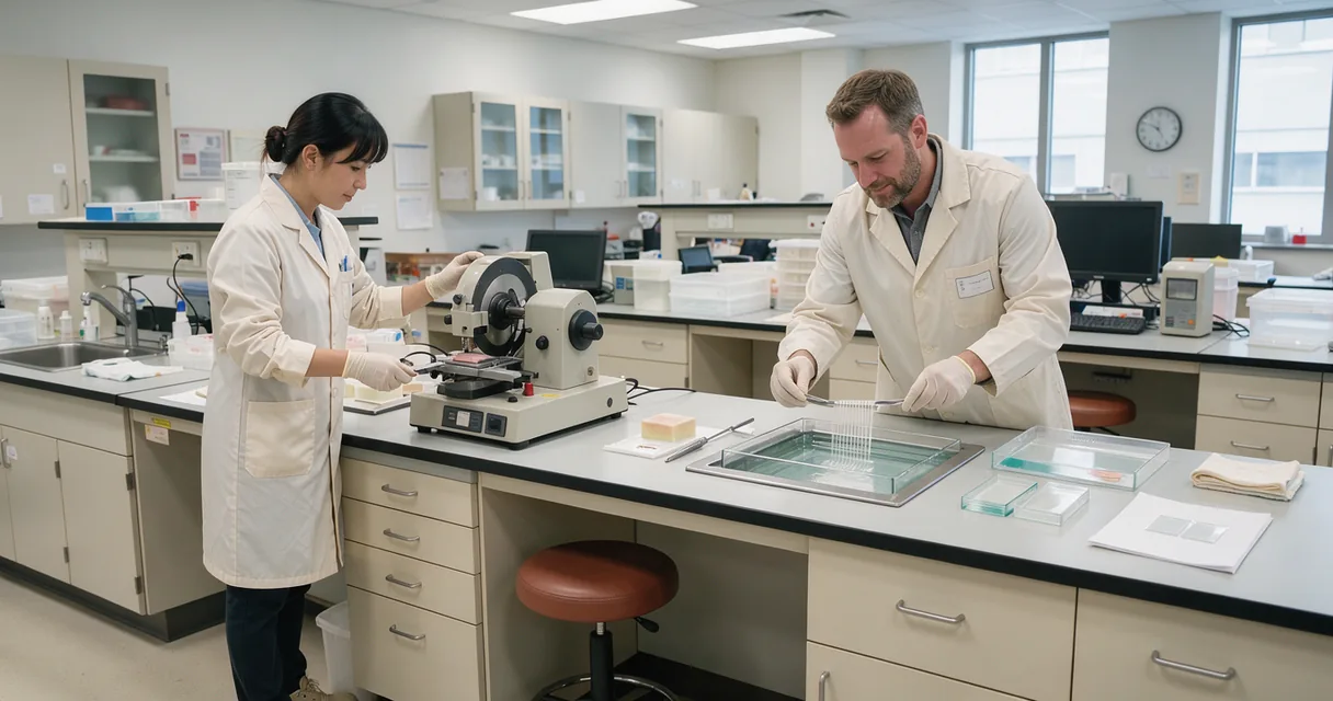 Two laboratory technicians preparing tissue sections beside a microtome